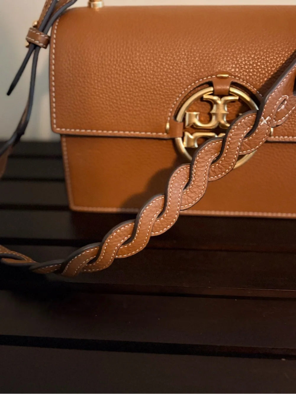 Tory Burch Tan Leather Shoulder Bag with Gold Logo Medallion